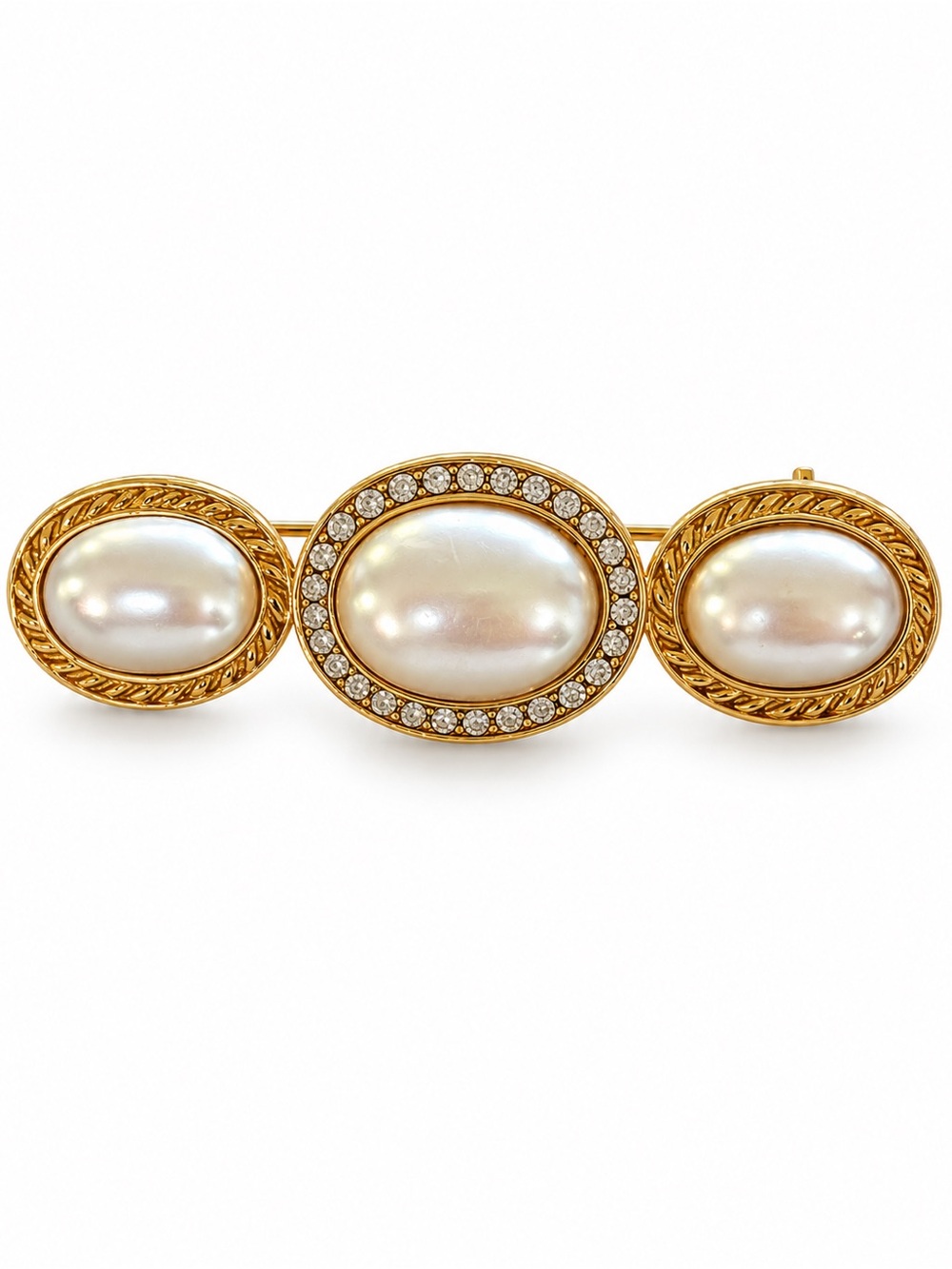 Vintage Gold Pearl Trio Brooch with Crystal Halo